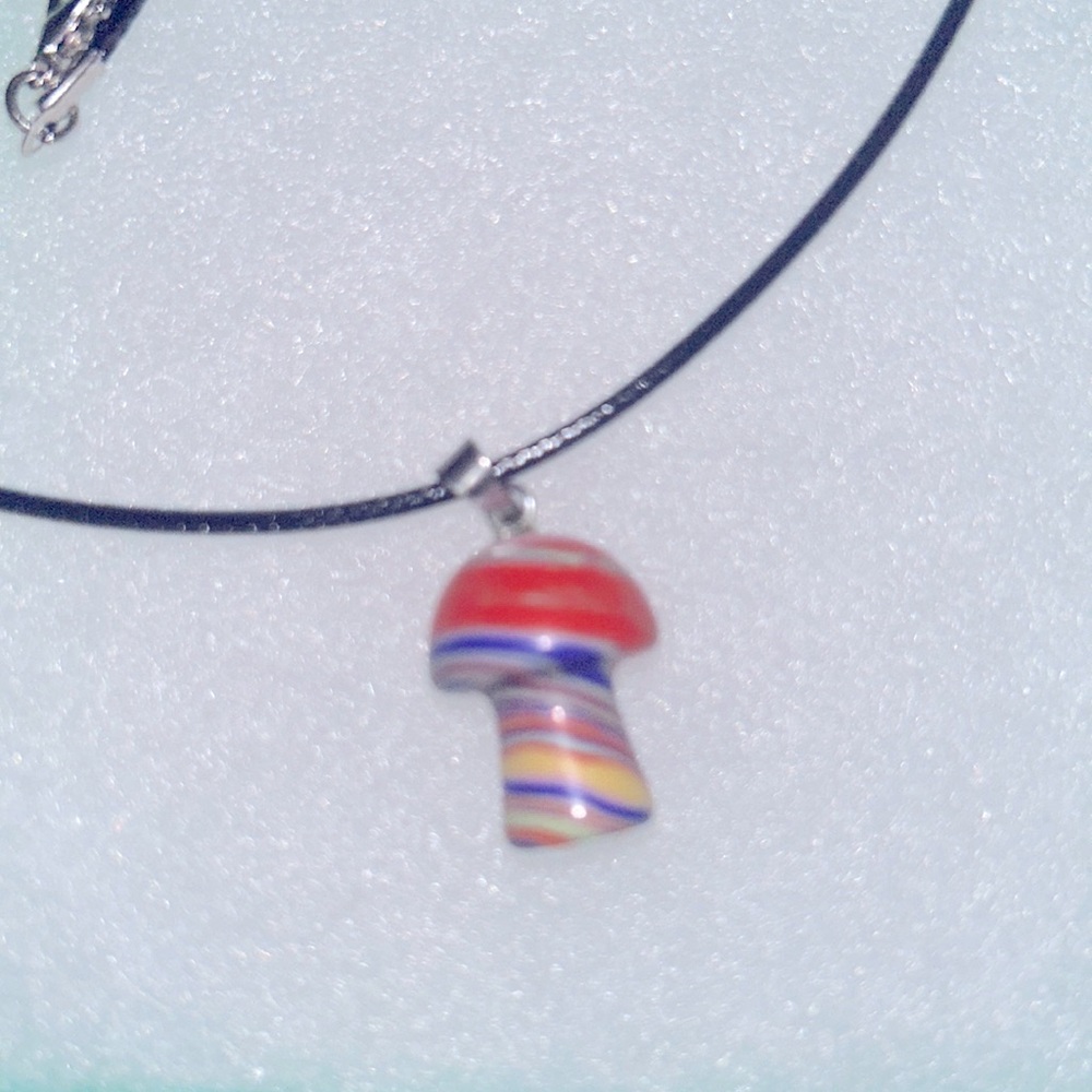 Psychedelic Rainbow 🌈 Calcite Mushroom On Black cord Necklace 18-20”
